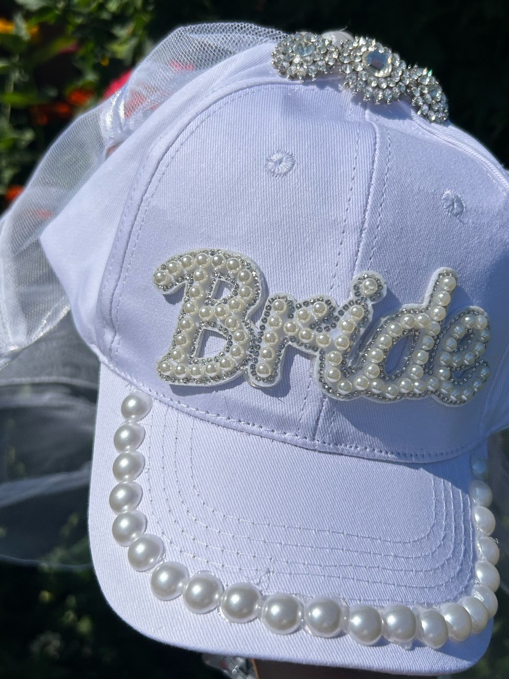OOAK Handmade Bride Pearl Veil Baseball Cap Wedding Shower Bachelorette Gift